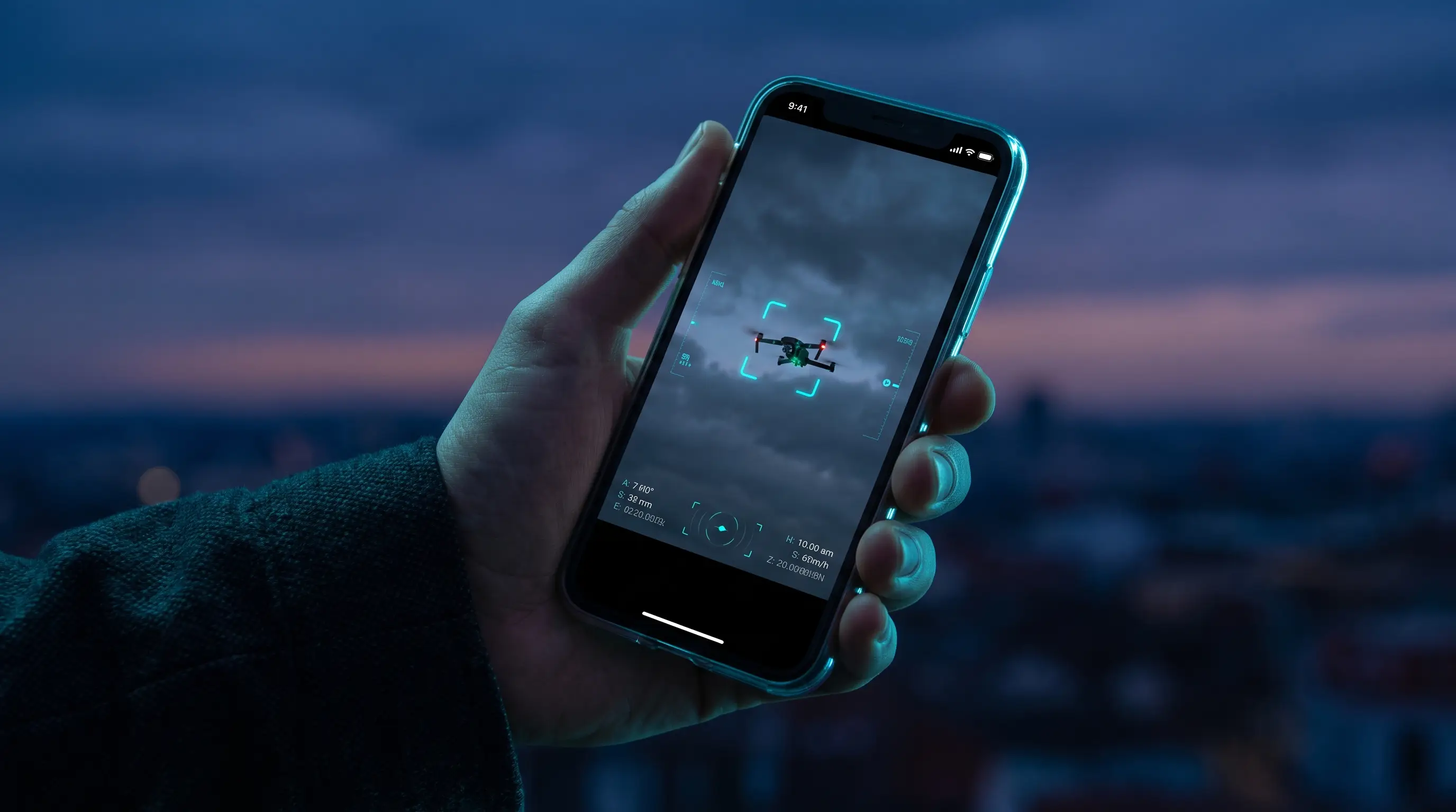 A hand holding an ordinary smartphone; on screen a drone in the sky is locked by a glowing AI target bracket — no extra hardware needed.