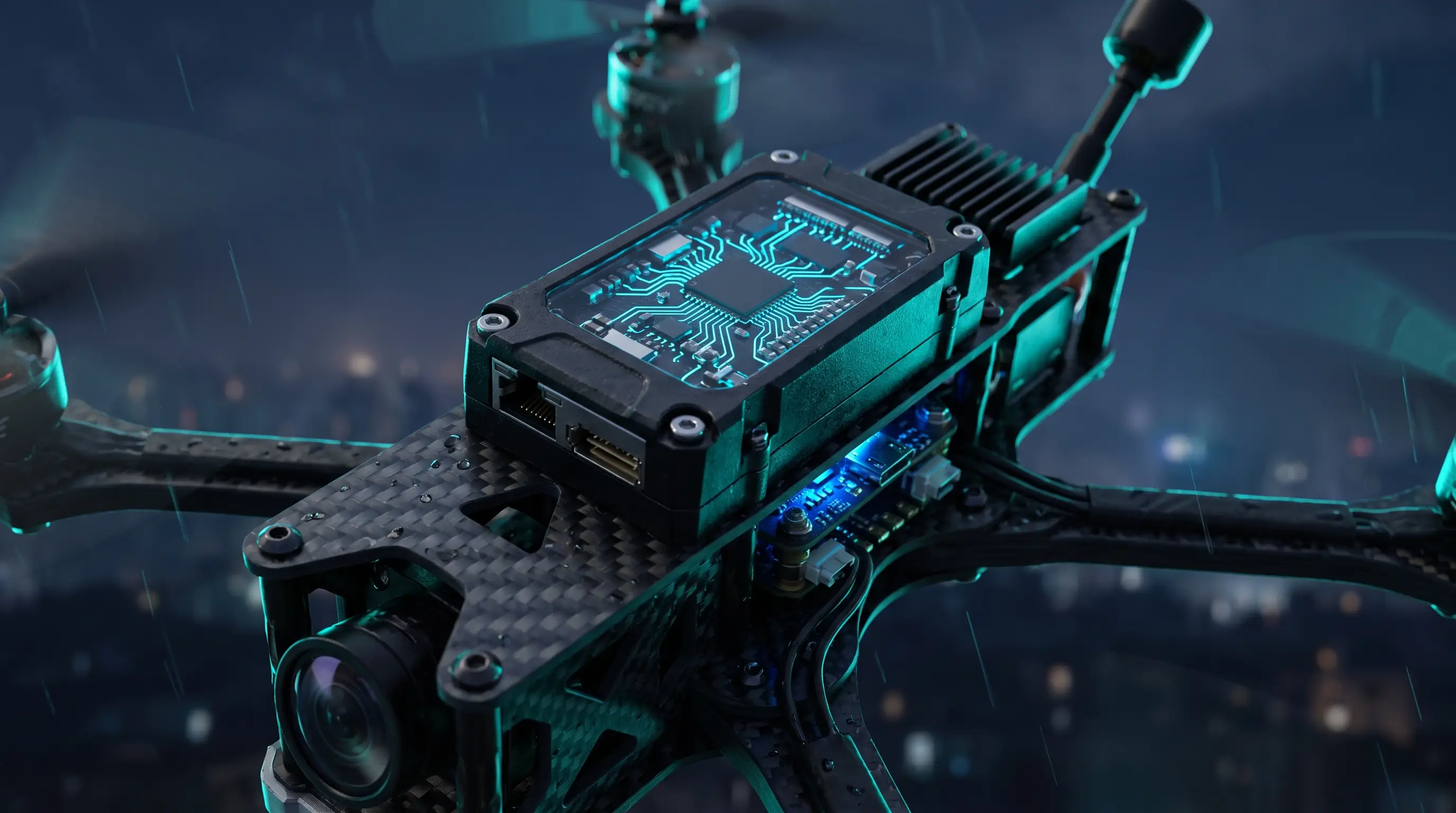 Close-up of a compact AI compute module with a glowing circuit board mounted on an FPV drone in flight — the intelligence lives on board, flying itself.