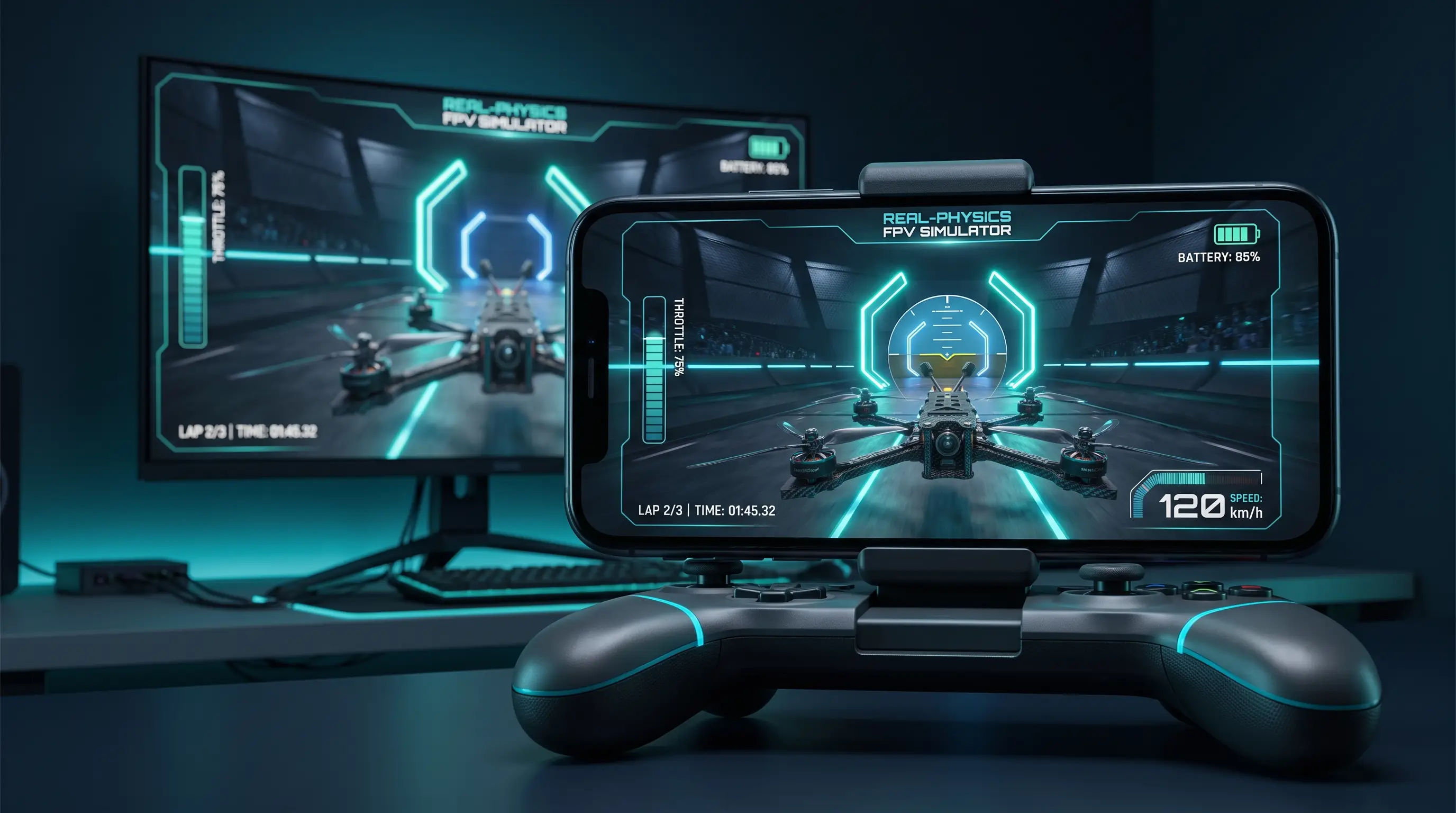 OBERIH FPV simulator running on a phone in a game controller and on a PC monitor — a racing drone flying through a neon gate with a real-physics HUD.